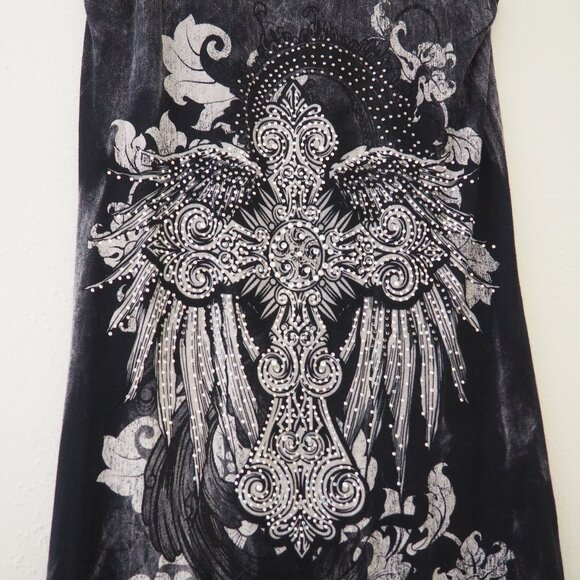 Vocal Bedazzeled Crystal Cross Sleeveless Acid Wash Tie-Dye Maxi Dress sz S - Picture 5 of 9